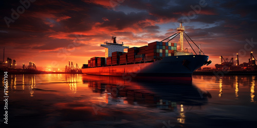 sunset at the port, import export commerce business trade logistic, Portrait of cargo ship with containers sunset , Generative AI