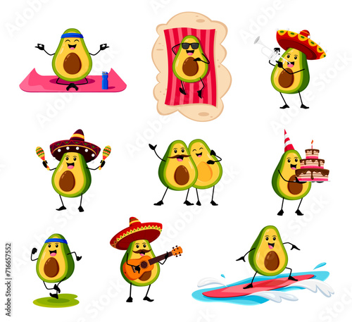 Cartoon funny mexican avocado characters. Vector set of meditating personage on yoga  relaxing on beach  wear sombrero  play maracas or guitar  celebrate birthday  riding surf board  jogging