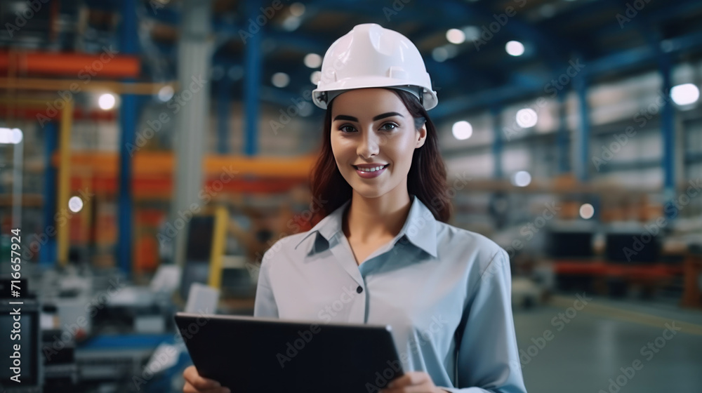 Close up smiling face of engineer manager leader woman wearing helmet holding laptop looking at camera at manufacturing factory. Close up smiling face of engineer manager leader woman wearing helmet holding laptop looking at camera at manufacturing factory.