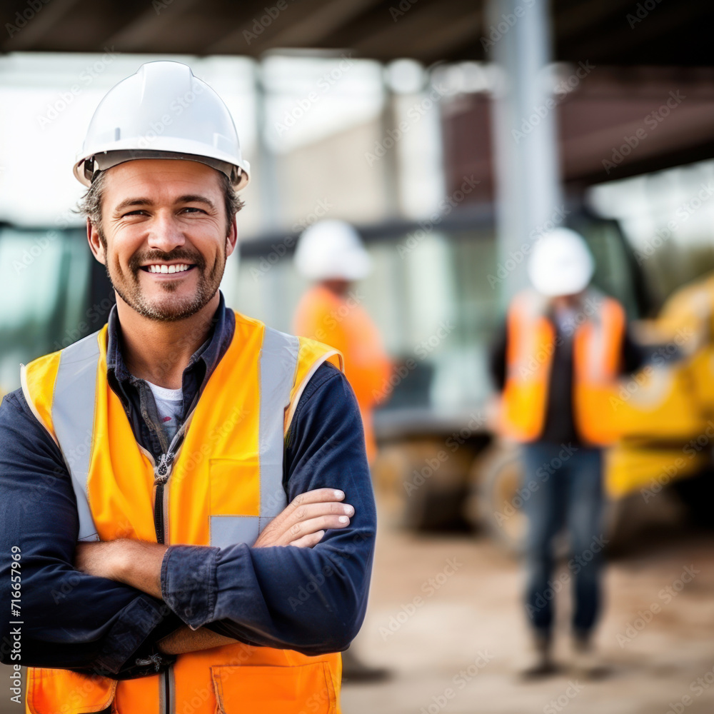 Male architect at a construction site looking happy. Male architect at a construction site looking happy.
