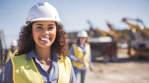 Female architect at a construction site looking happy.