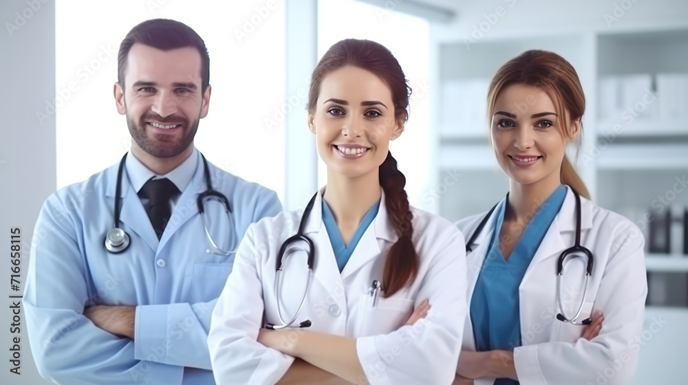 Team of smiling doctors looking at camera with arms crossed in medical office. Team of smiling doctors looking at camera with arms crossed in medical office.