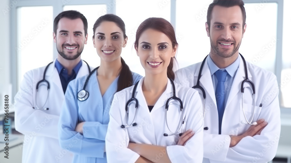 Team of smiling doctors looking at camera with arms crossed in medical office. Team of smiling doctors looking at camera with arms crossed in medical office.