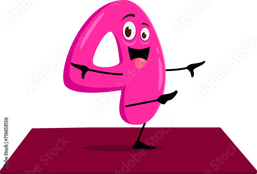 Cartoon math number four character on yoga fitness sport. Isolated vector cheerful numeric mathematical 4 personage demonstrating asana poses, making learning arithmetic fun and engaging for children