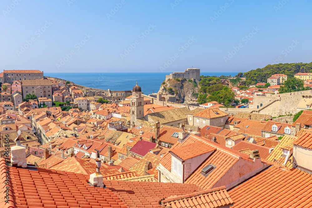 Aerial view on Dubrovnik walls of Croatia. View of Fort Lovrijenac fortress Dubrovnik UNESCO Venetian town of Croatia in Dalmatia