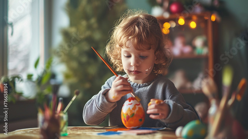 A cute little child paints an Easter egg with a brush and paints in a cozy home environment