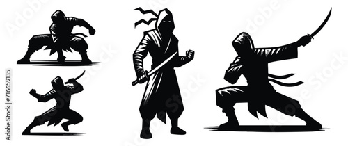 logo set of ninja silhouette illustrations on isolated background