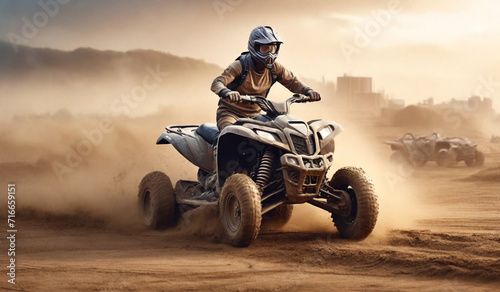 Quad bike in dust cloud, sand quarry on background. ATV Rider in the action. digital ai