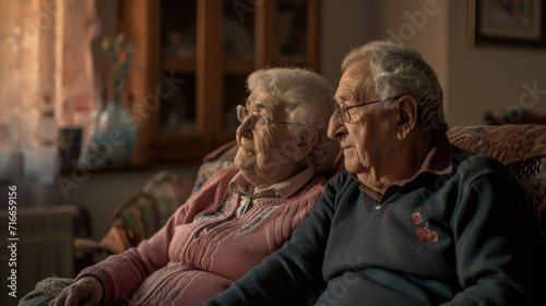 Portrait of old couple sitting together at home on sofa