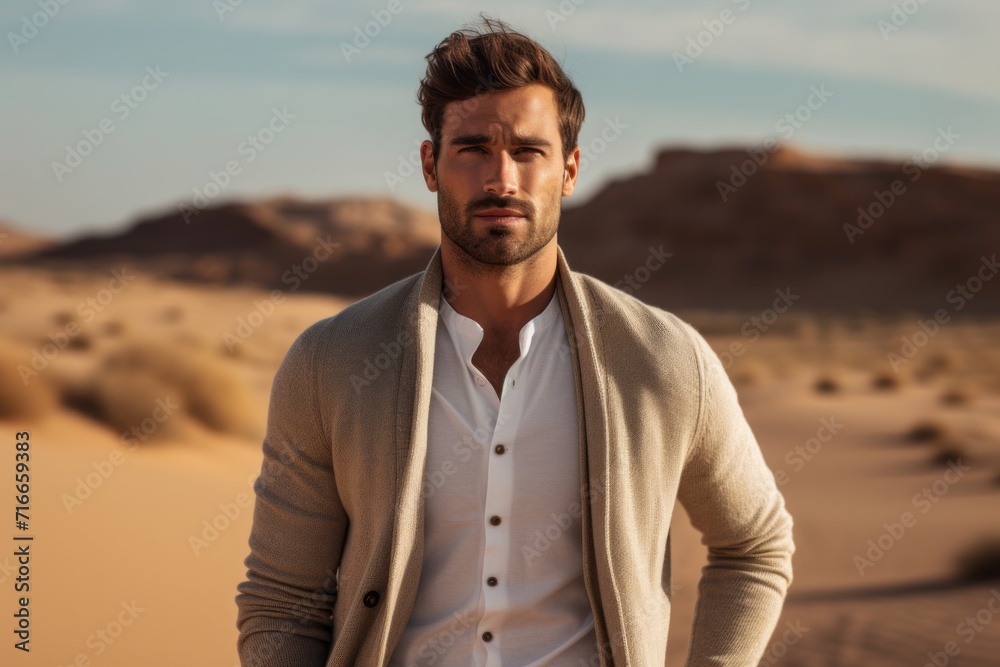 Portrait of a content man in his 20s wearing a chic cardigan against a backdrop of desert dunes. AI Generation Portrait of a content man in his 20s wearing a chic cardigan against a backdrop of desert dunes. AI Generation
