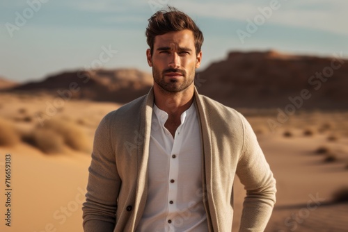 Portrait of a content man in his 20s wearing a chic cardigan against a backdrop of desert dunes. AI Generation