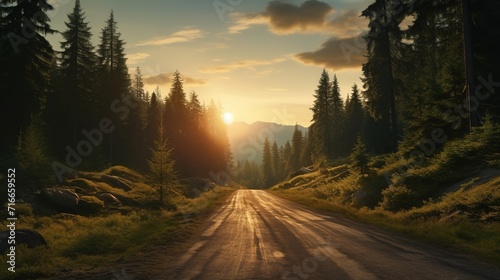 Mountain Road in Green Forest with Sunset. Nature, Path, Travel, Journey, Adventure  © Humam