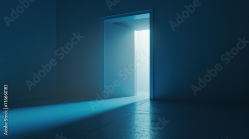 3d render, abstract blue geometric background. Bright light going through the door portal inside the empty dark room 