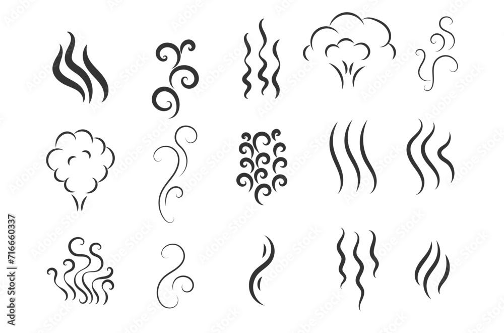 Fototapeta premium Fragrances evaporate icons. Smells line icon set, hot aroma, smells or fumes. Coffee cup icon. Symbols of glasses of hot drinks on white background. Vector illustration doodle hand drawn