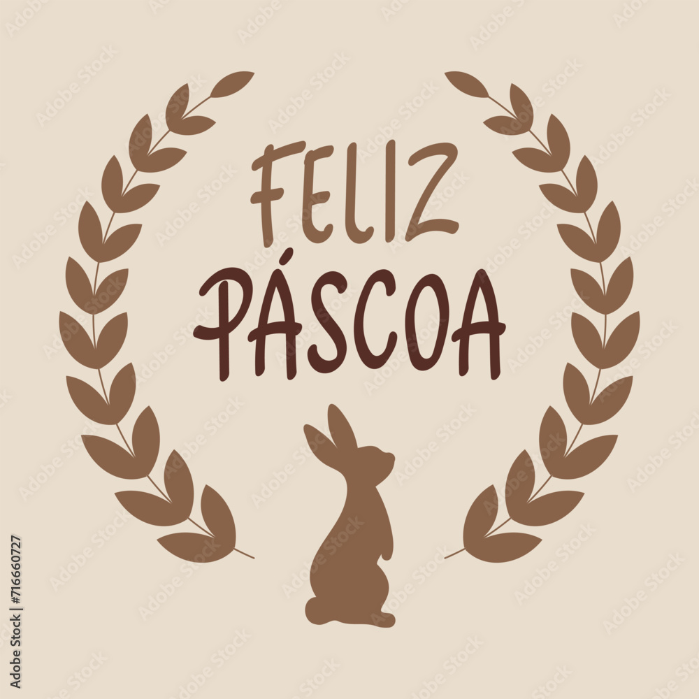 Happy Easter lettering in Portuguese in a frame with a bunny. Calligraphic inscription. Greeting card, logo, typographic design, print. Vector