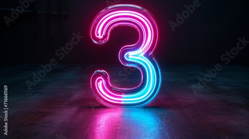 3d render, abstract linear neon number three, glowing digit isolated on black background  