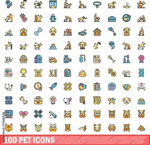 100 pet icons set. Color line set of pet vector icons thin line color flat on white