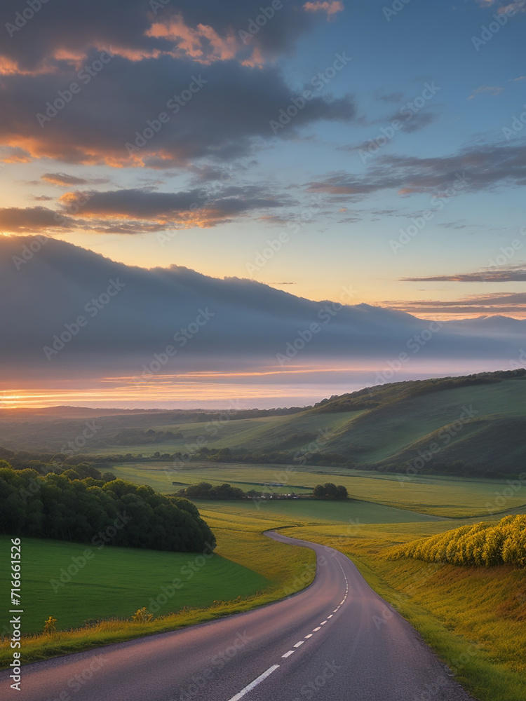 A photo of a very beautiful country road at sunrise Generative AI