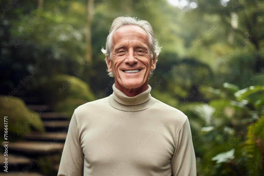 Portrait of a grinning man in his 60s wearing a classic turtleneck sweater against a lush tropical rainforest. AI Generation Portrait of a grinning man in his 60s wearing a classic turtleneck sweater against a lush tropical rainforest. AI Generation
