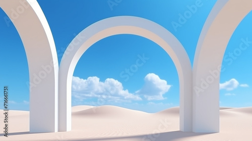 Ephemeral Oasis: A Captivating 3D Render Surreal Desert Landscape with Arches, Unleashing an Enchanting Dreamscape of Sandstone Wonders and Ethereal Grandeur, Creating a Mesmeric Ballet of Surreal 