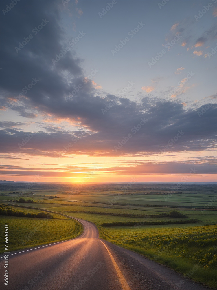 A photo of a very beautiful country road at sunrise Generative AI