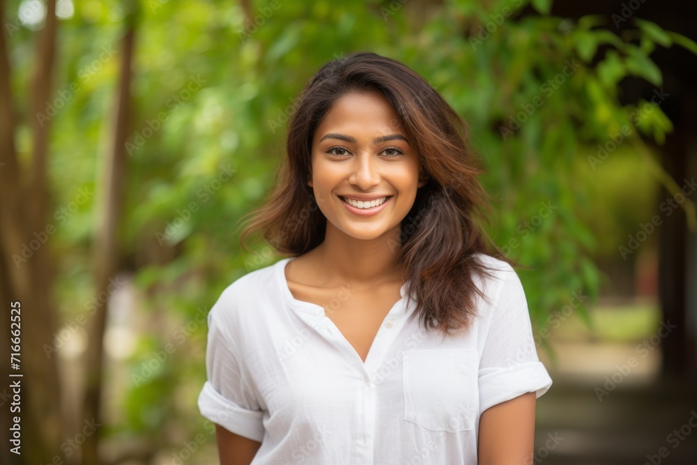 Portrait of a cheerful indian woman in her 30s wearing a simple cotton shirt against a vibrant city park. AI Generation Portrait of a cheerful indian woman in her 30s wearing a simple cotton shirt against a vibrant city park. AI Generation