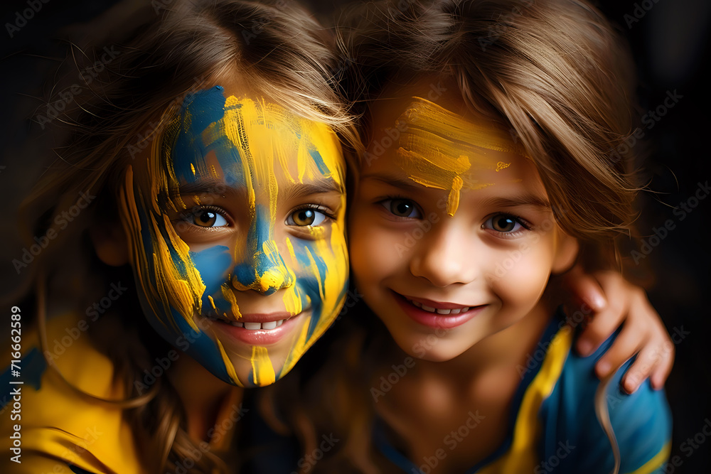 Obraz premium happy children with blue and yellow paints on their faces, patriotic girls junior schoolgirls celebrate the independence day of Ukraine with flag colors on their faces with face painting