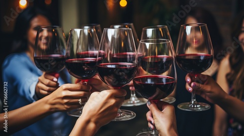Joyful party with people holding wine glasses, above view, filled with laughter and merriment