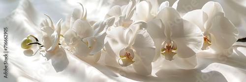 An arrangement of white orchids on a pearl-white surface  highlighting the elegance and sophistication of these exotic blooms