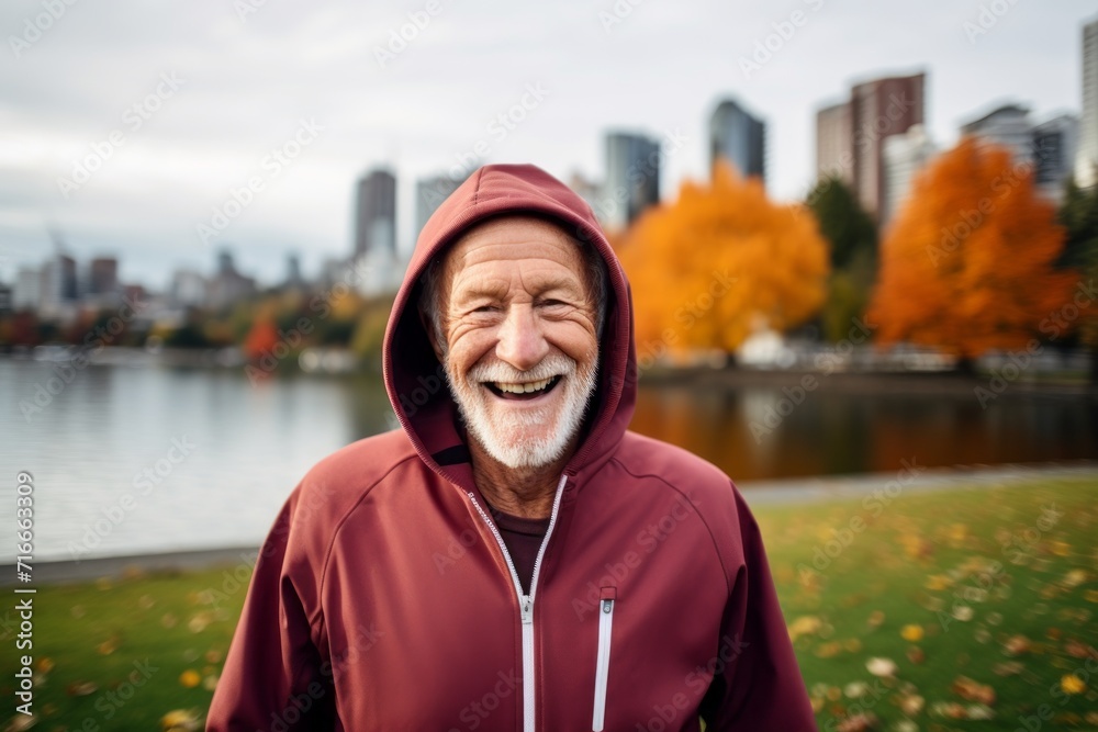 Portrait of a joyful man in his 70s wearing a zip-up fleece hoodie against a vibrant city park. AI Generation Portrait of a joyful man in his 70s wearing a zip-up fleece hoodie against a vibrant city park. AI Generation
