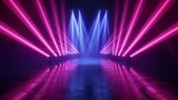3d render, digital illustration. Abstract neon background. Bright projector shining on the dark empty stage, glowing pink blue laser rays in the dark   
