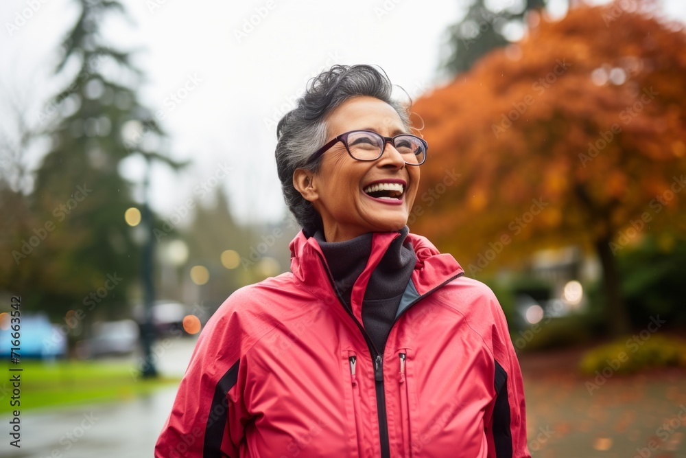 Portrait of a joyful indian woman in her 60s wearing a windproof softshell against a vibrant city park. AI Generation Portrait of a joyful indian woman in her 60s wearing a windproof softshell against a vibrant city park. AI Generation
