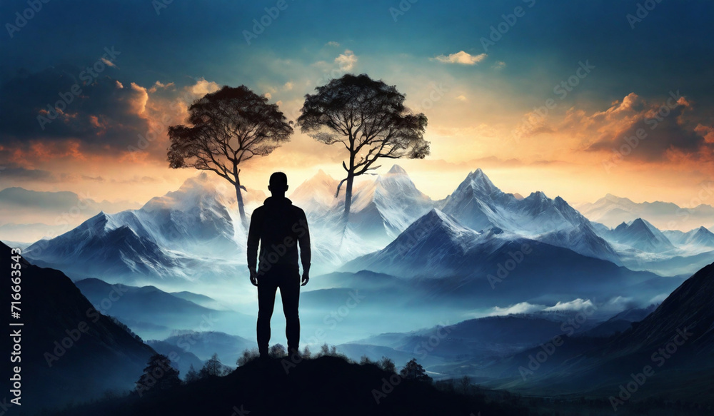 Silhouette of man and nature view on the beautiful mountains landscape. Double exposure. Human and nature cooperation. Concept of environment issues - obrazy, fototapety, plakaty 