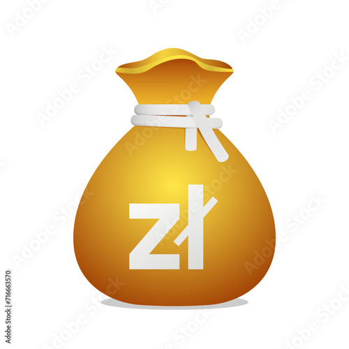 Golden bag Polish zloty currency symbol. Wealth with Polish zloty sign. 3D Illustration of a bag with money.