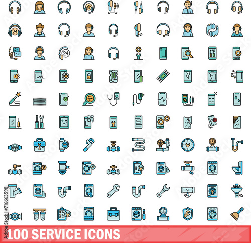 100 service icons set. Color line set of service vector icons thin line color flat on white