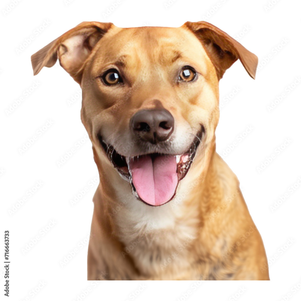 Studio headshot portrait of fawn colored mixed breed dog looking forward and smiling with tongue out