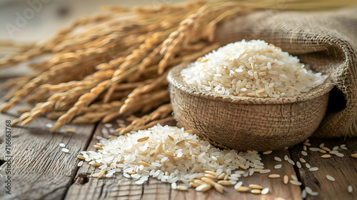Long grain rice in a wooden bowl. White rice spills out on the wooden table. Food photo, light natural colors. High quality photo