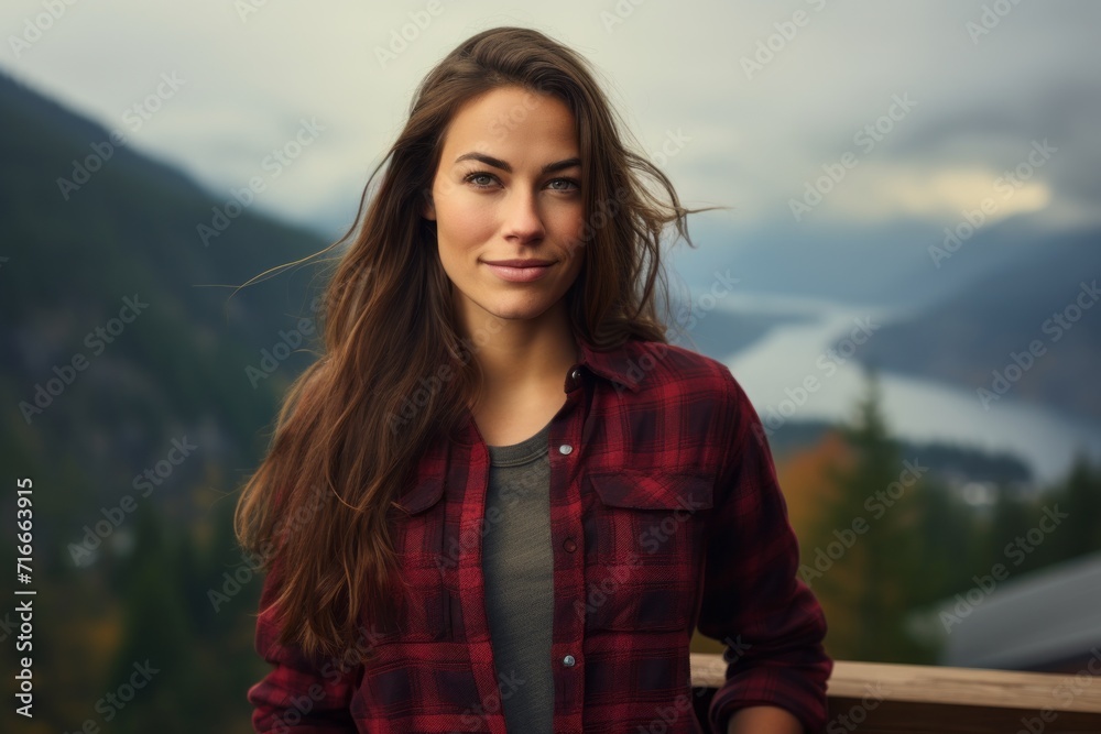 Portrait of a satisfied woman in her 30s wearing a comfy flannel shirt against a panoramic mountain vista. AI Generation Portrait of a satisfied woman in her 30s wearing a comfy flannel shirt against a panoramic mountain vista. AI Generation