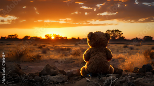 Teddy bear watching sunset surrounded by autumn leaves