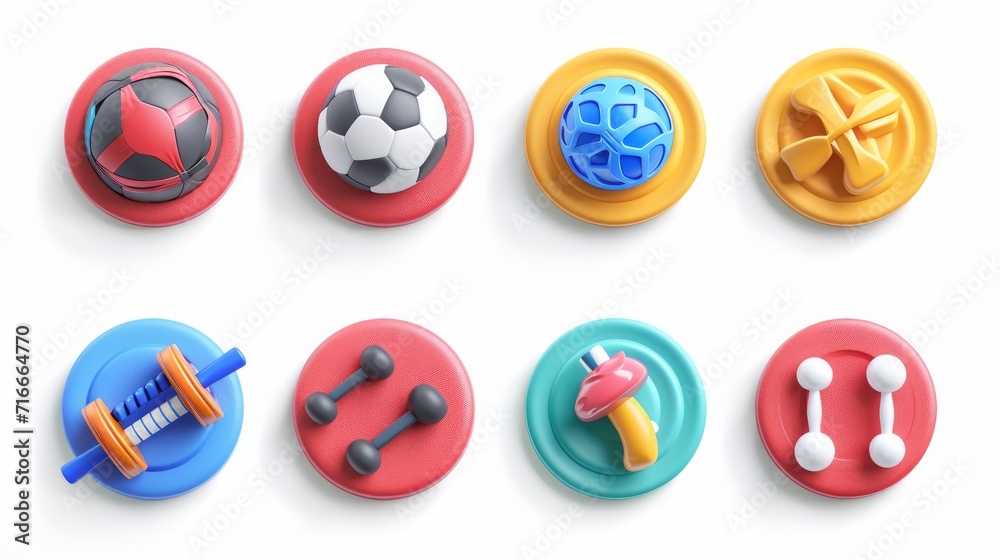 3d render, set of assorted icons for fitness blog, round stickers with hands legs and sportive equipment, social account design. Abstract sport circles isolated on white background  