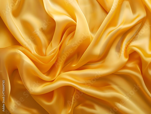 Yellow silk shiny fabric background. Fabric with folds highly detailed texture. Top view macro photo. High-resolution
