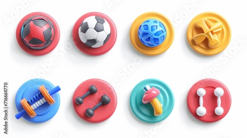 3d render, set of assorted icons for fitness blog, round stickers with hands legs and sportive equipment, social account design. Abstract sport circles isolated on white background 