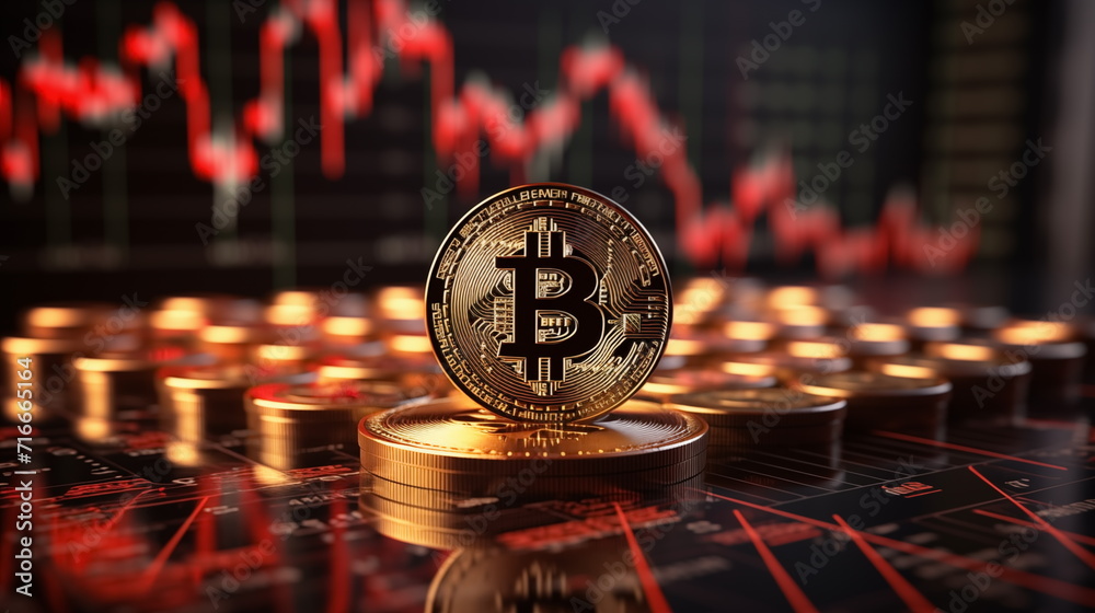 3D gold Bitcoin on price candlestick chart background. Market crash ...