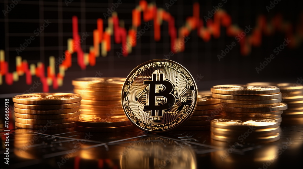 3D gold Bitcoin on price candlestick chart background. Market crash, Dropping down. Price Value Decrease Recession, Loss. Generated AI. 3D gold Bitcoin on price candlestick chart background. Market crash, Dropping down. Price Value Decrease Recession, Loss. Generated AI.