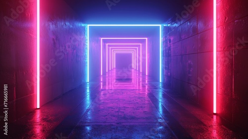 3d render. Abstract neon background. Colorful linear square shape glowing in the dark 