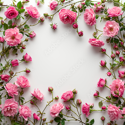 Floral roses flowers and leaves form up a shape of circle frame and empty copy space at center. Floral frame mockup. Blank copy space background 