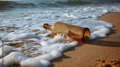 Waves crashing on the shore with a message in a bottle washed up on the sand, hinting at a love story.