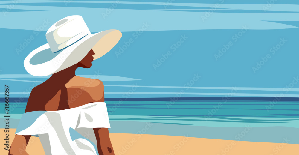 Summer holidays. Horizontal vector flat banner with place for text. Tourism. Woman on vacation in a white dress, swimsuit and hat walking on the beach. Woman back view Summer holidays. Horizontal vector flat banner with place for text. Tourism. Woman on vacation in a white dress, swimsuit and hat walking on the beach. Woman back view