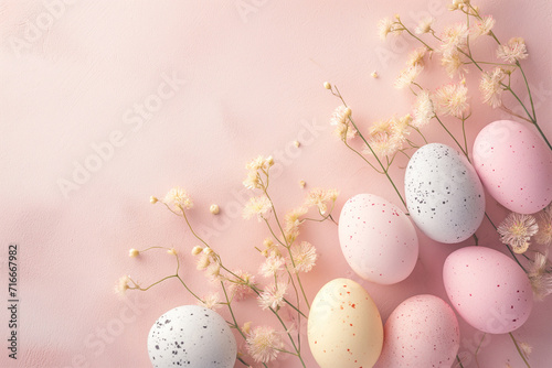 Pastel Easter Eggs and Spring Blossoms Flatlay