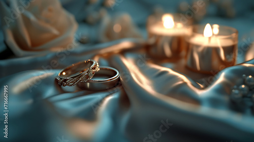 Two intertwined wedding rings resting on a bed of satin with soft candlelight creating a romantic ambiance. photo